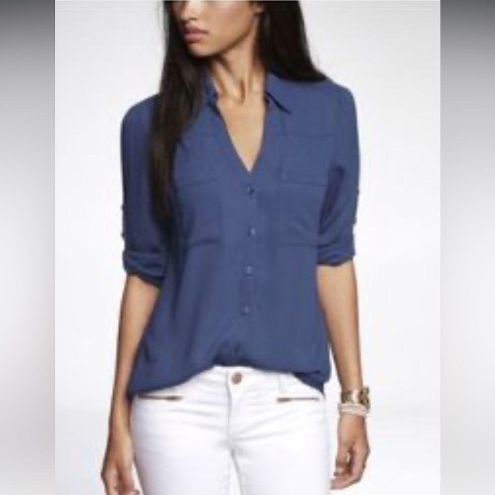 Express Women's Portofino Navy Button-Down Shirt,Long Sleeve .Size Medium.